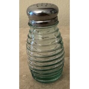 Replacement Green Ribbed Glass Salt Shaker Round Stainless Steel Lid Medium 4 in